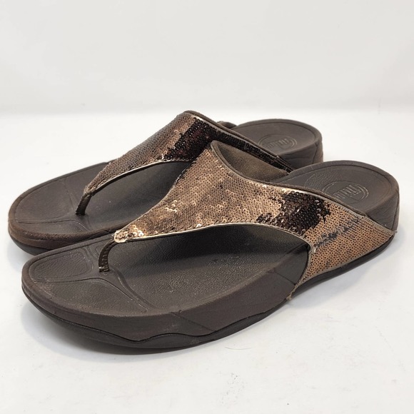 Fit Flop Womens Electra Bronze Sequins Brown Thong Sandal Size 9 Wedge Walking - Picture 4 of 9